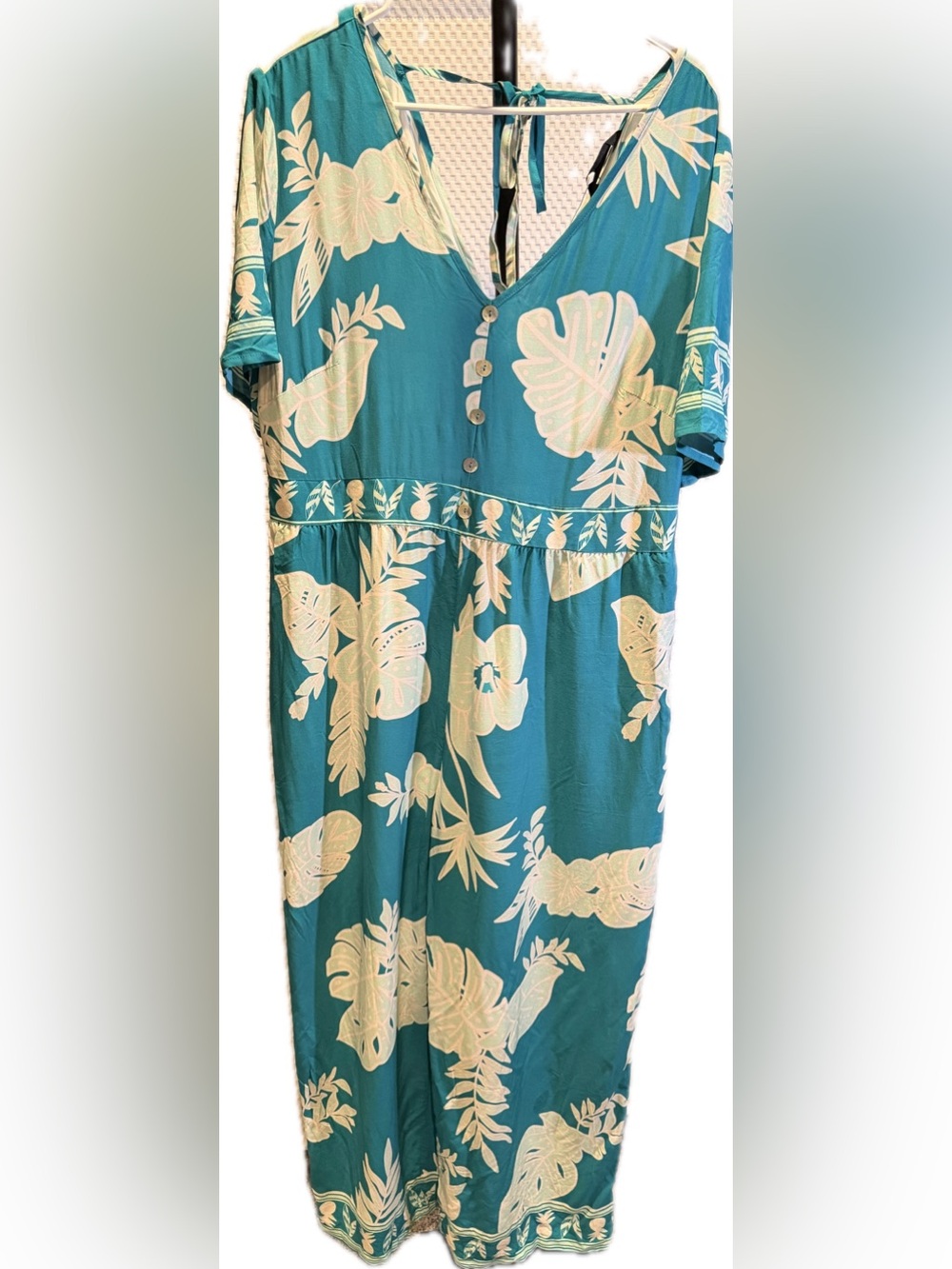 Bloomchic Teal Floral V-Neck Wide-Leg Jumpsuit with Pockets. NWT - Picture 3 of 6